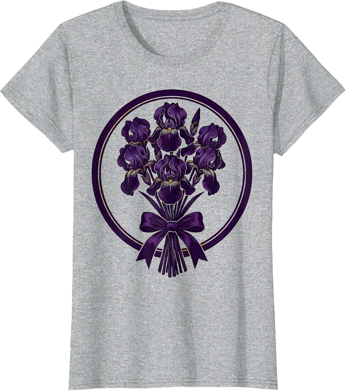 Mardi Gras Iris Bouquet Gold Ribbon Illustration T-Shirt - Heather Grey