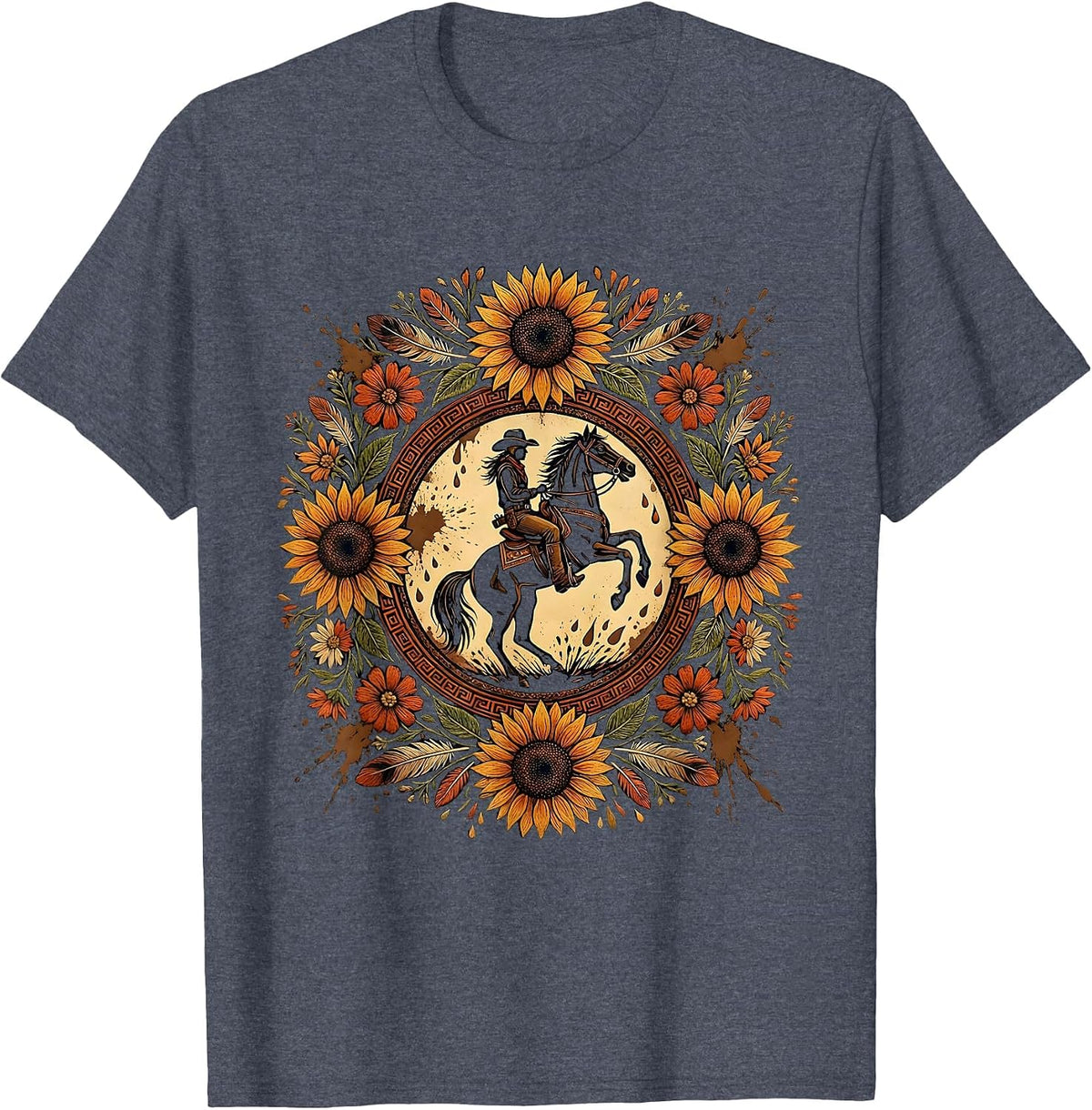 Cowgirl Full Gallop Muddy Rodeo Illustration T-Shirt - Heather Blue