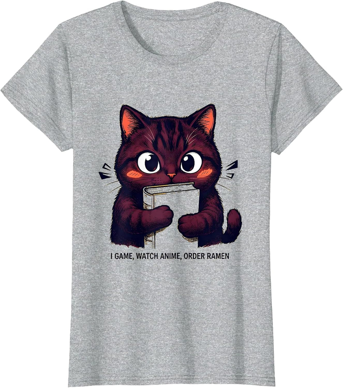Women's I Game, Watch Anime, Order Ramen Funny Kawaii Anime Cat T-Shirt - Heather Grey
