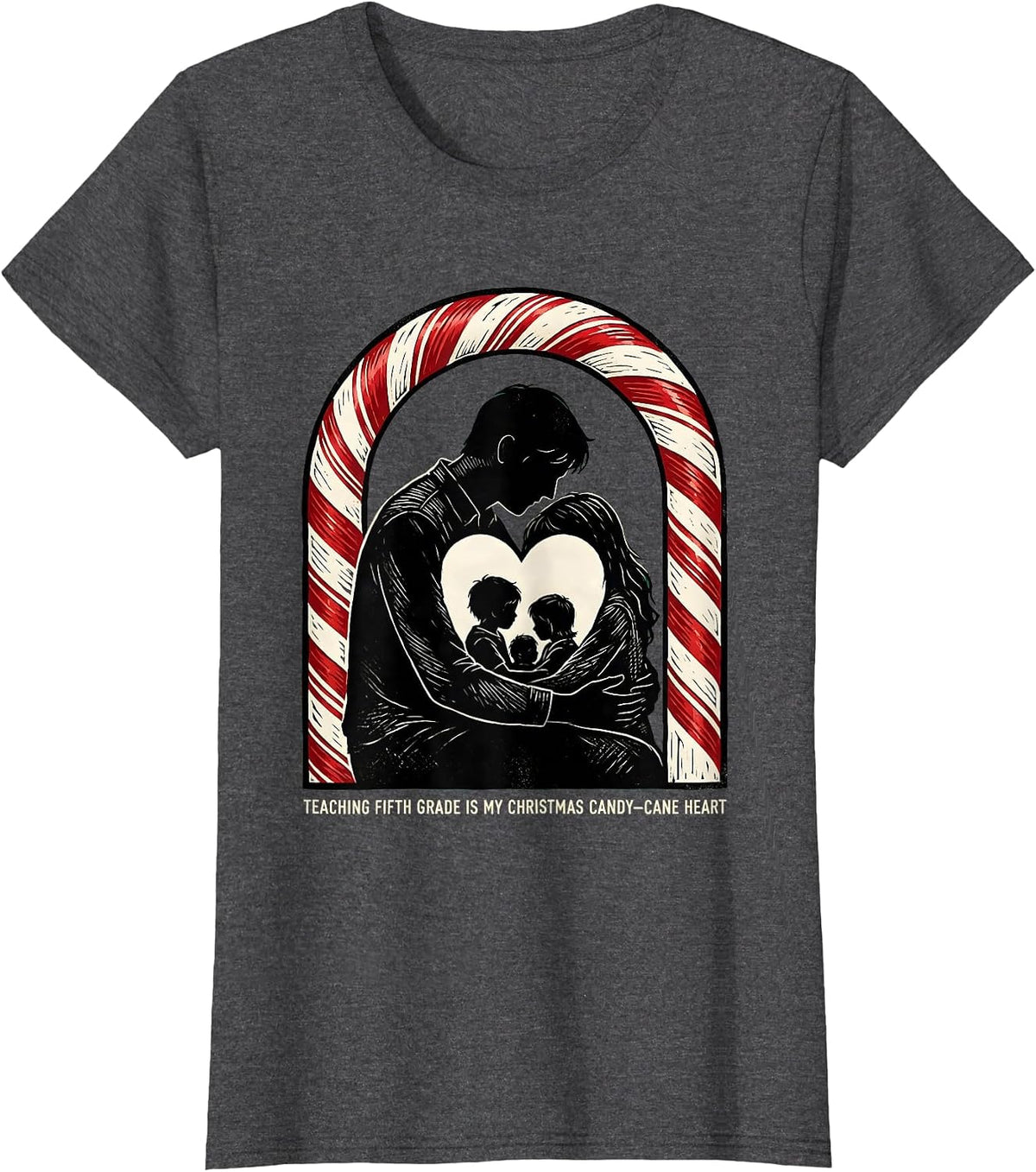 Women's Teaching Fifth Grade Is My Christmas Candy-Cane Heart T-Shirt - Dark Heather Grey