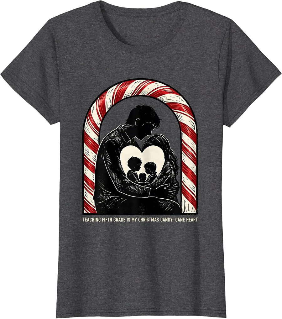 Women's Teaching Fifth Grade Is My Christmas Candy-Cane Heart T-Shirt - Dark Heather Grey