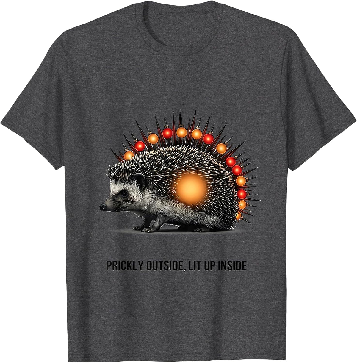 Men's Prickly Outside, Lit Up Inside Cute Hedgehog Christmas T-Shirt - Dark Heather Grey