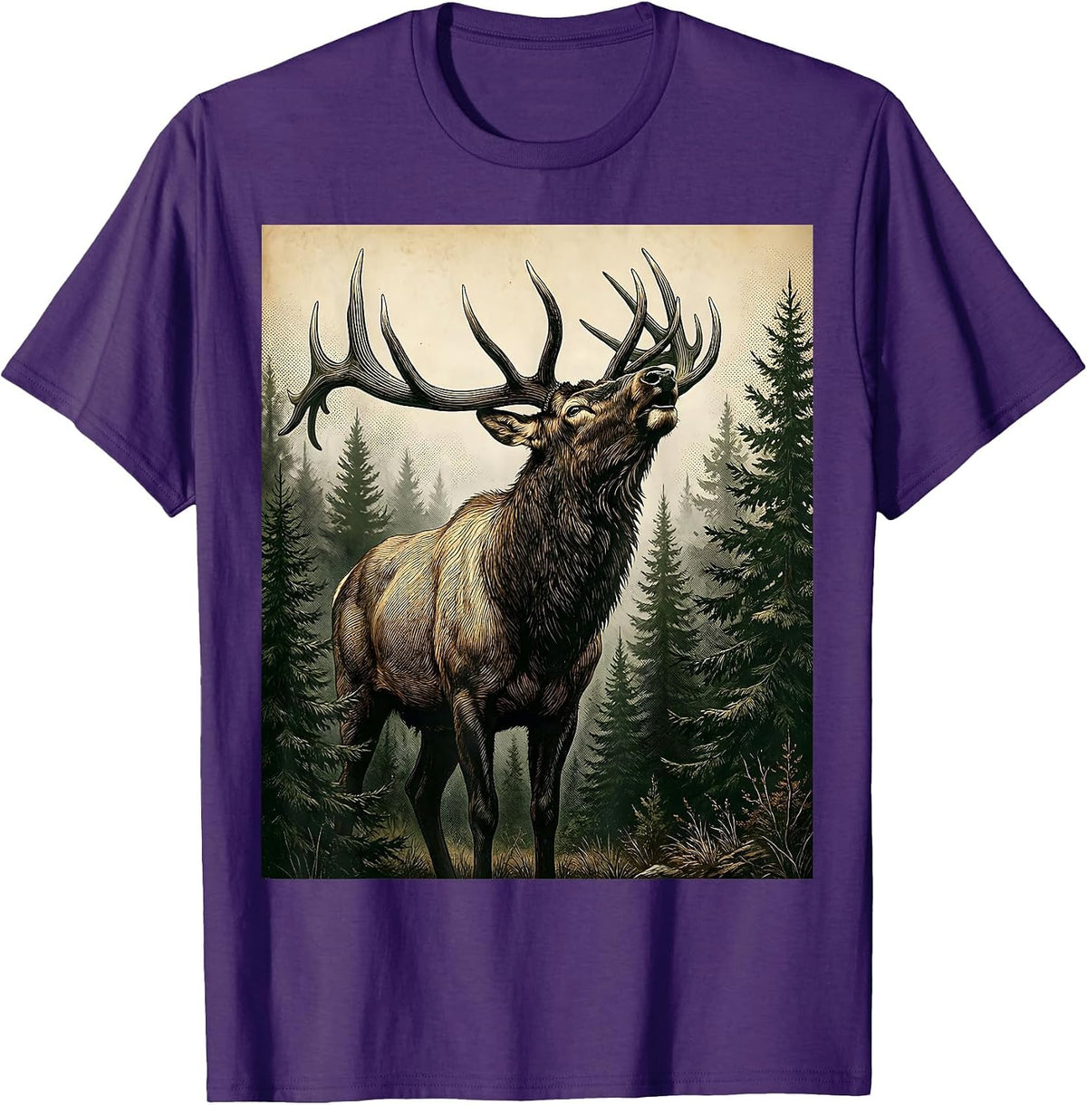 Men's Elk Bugling in Misty Camo Forest Graphic T-Shirt - Purple
