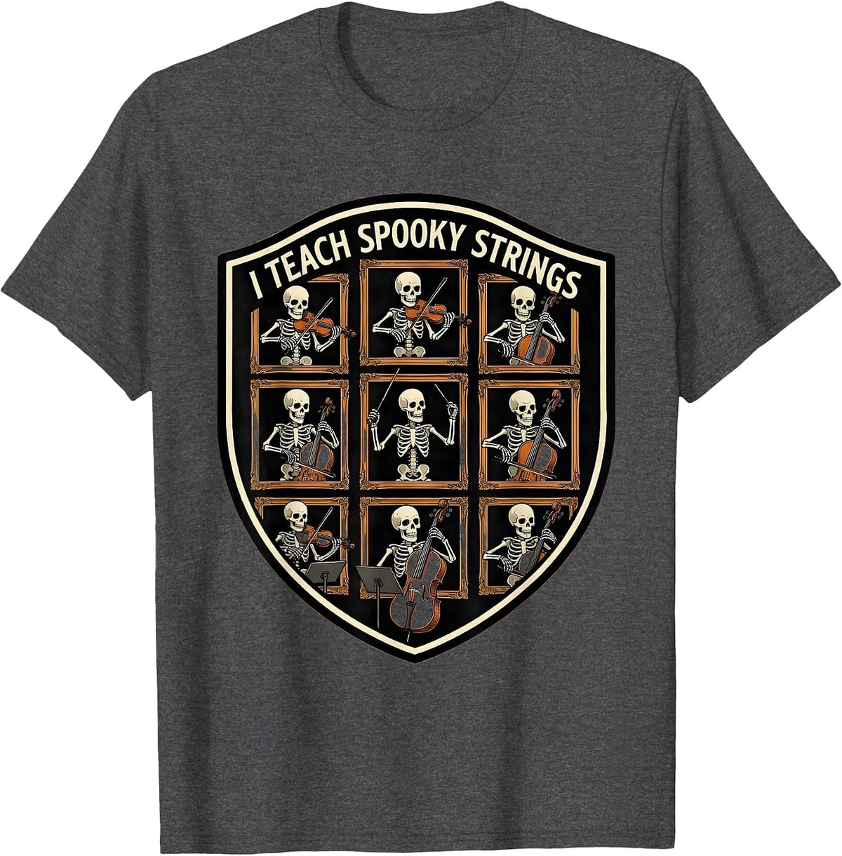 Men's I Teach Spooky Strings Funny Music Teacher Halloween Ghost T-Shirt - Dark Heather Grey
