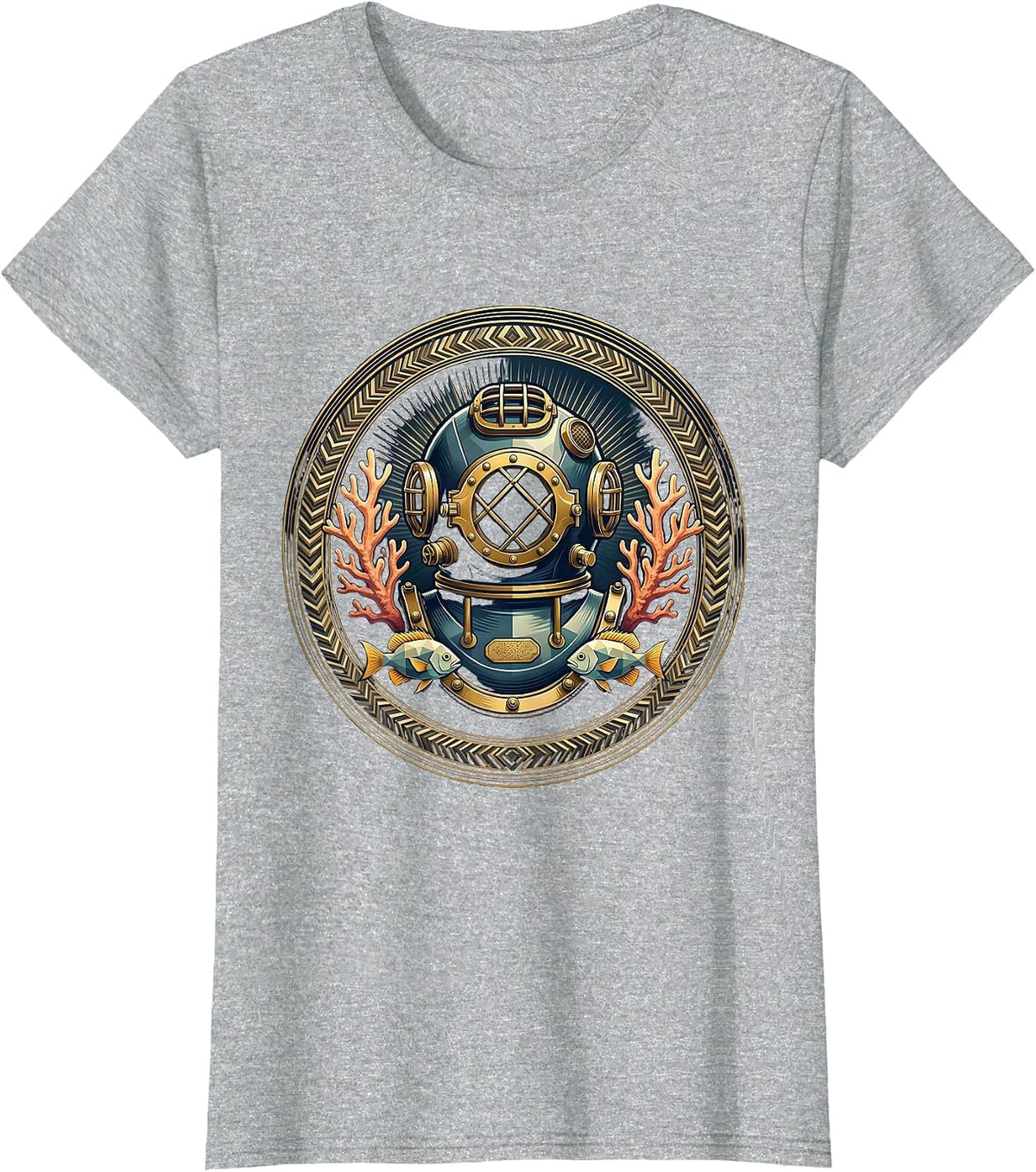 Women's Retro Diver Helmet Coral Reef Ocean Art T-Shirt - Heather Grey