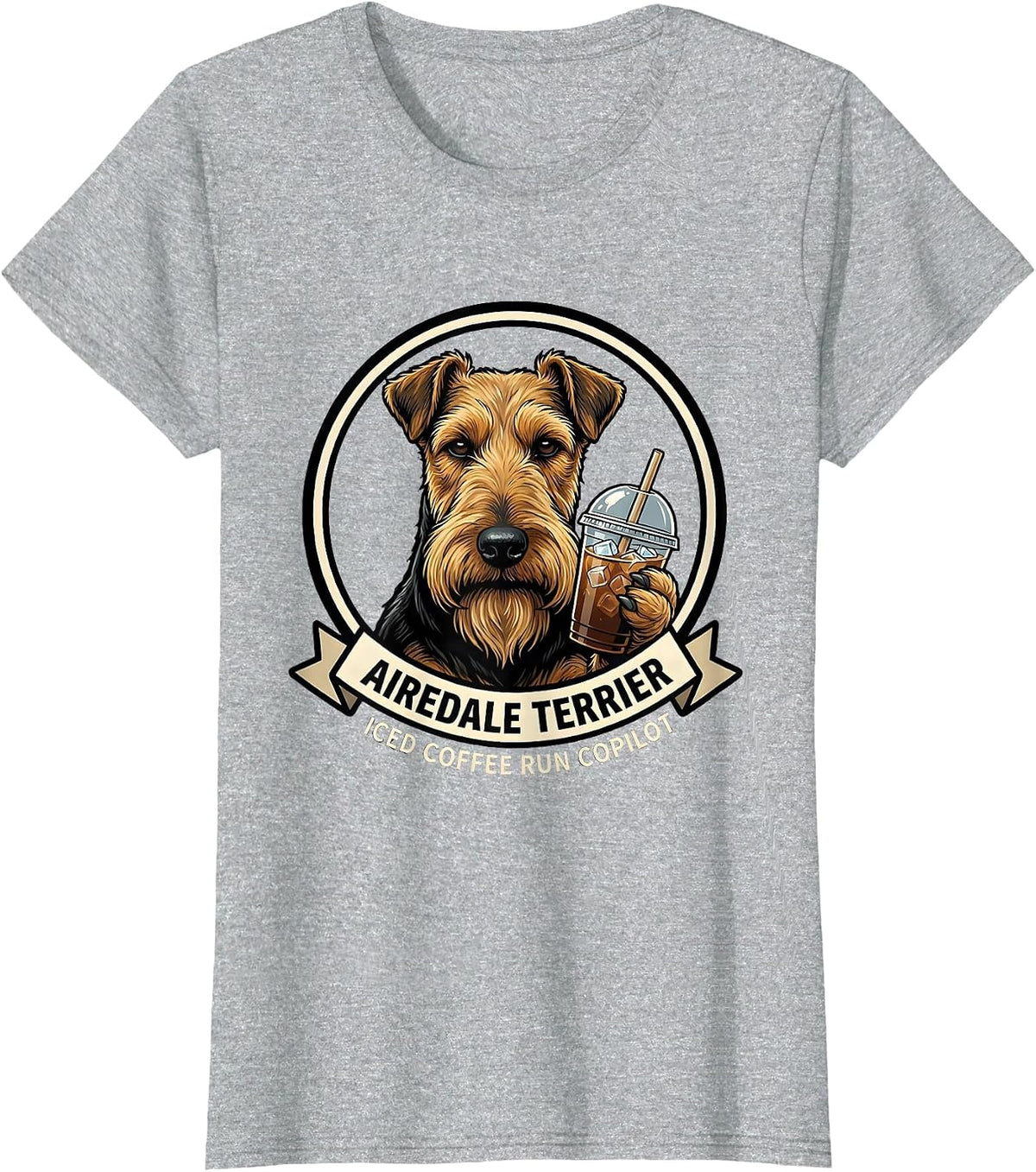Airedale Terrier Iced Coffee Run Copilot Funny T-Shirt - Heather Grey