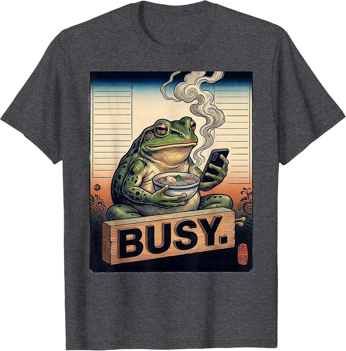 Men's Busy Grumpy Frog Ukiyo-e Ramen Humor Japanese Art T-Shirt - Dark Heather Grey