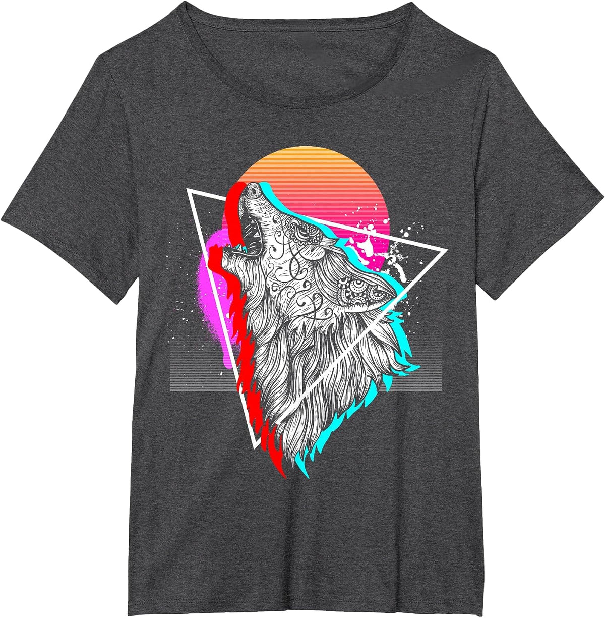 Synthwave Aesthetic Howling Wolf 1990s Retro Vaporwave T-Shirt - Dark Heather Grey