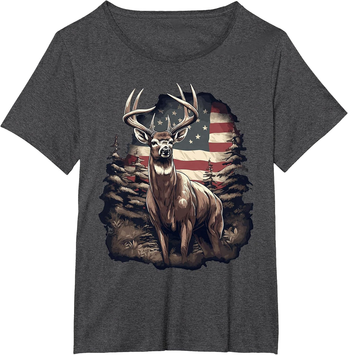 Whitetail Buck Deer Hunting US Flag Patriotic Hunter T-Shirt - Dark Heather Grey