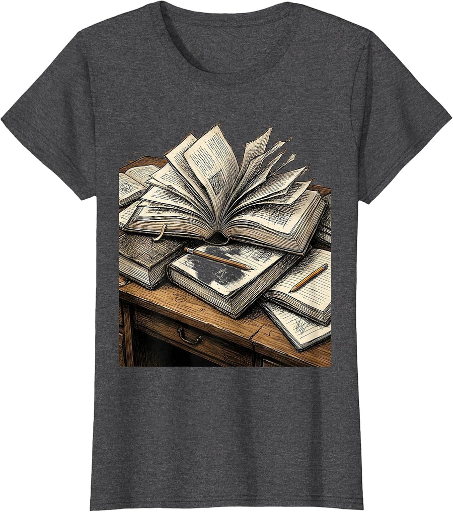 Women's Teacher Desk Scattered Books Graphic Design T-Shirt - Dark Heather Grey