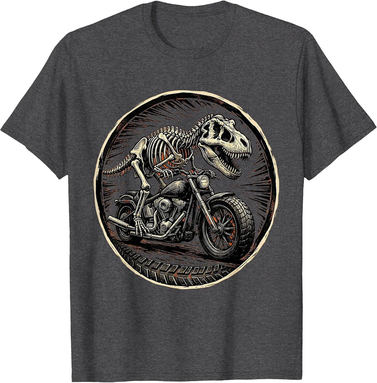 Men's T-Rex Skeleton Riding Motorcycle Dinosaur T-Shirt - Dark Heather Grey