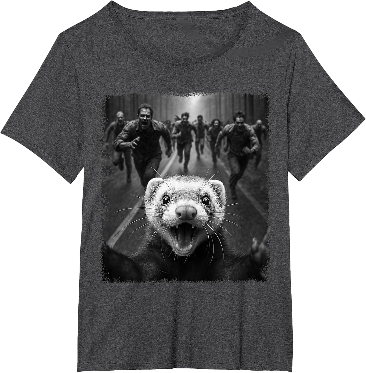 Funny Spooky Ferret Selfie with Creepy Halloween Zombies T-Shirt - Dark Heather Grey
