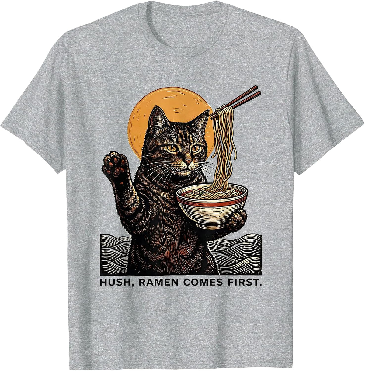 Men's Hush, Ramen Comes First Funny Kawaii Anime Cat Gift T-Shirt - Heather Grey