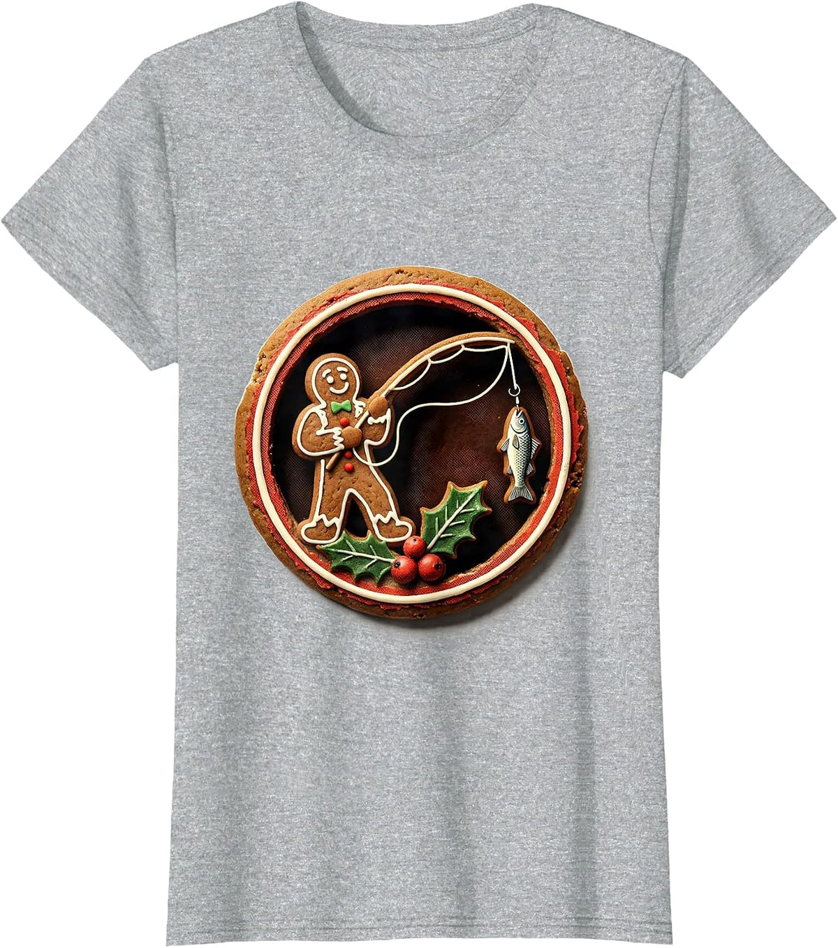 Women's Gingerbread Fly-Fisher Christmas Fishing Humor T-Shirt - Heather Grey
