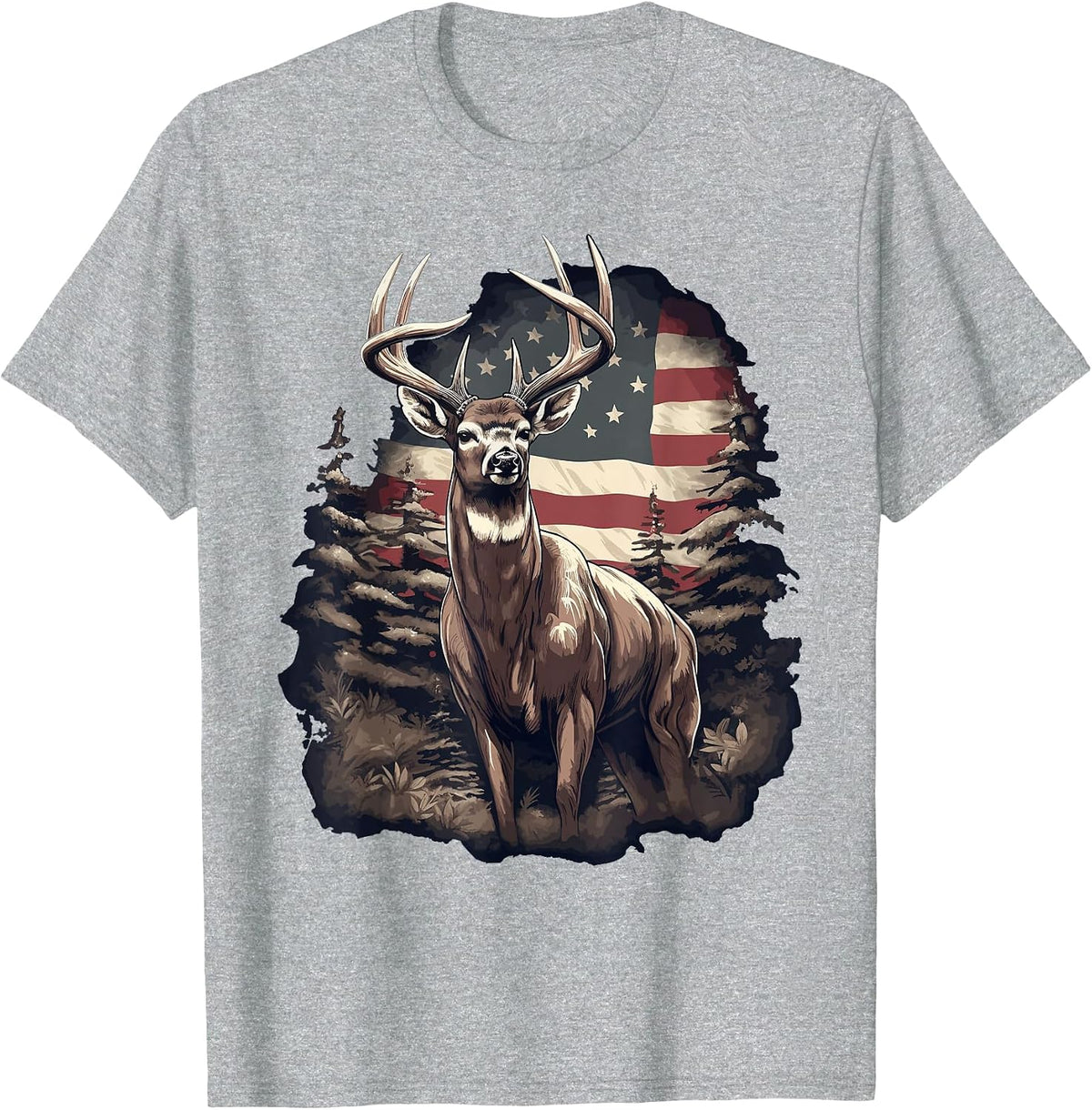 Whitetail Buck Deer Hunting US Flag Patriotic Hunter T-Shirt - Heather Grey
