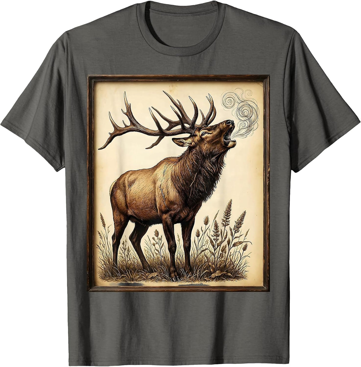 Elk Bugling in the Wild Breath Fog Illustration T-Shirt - Asphalt Grey