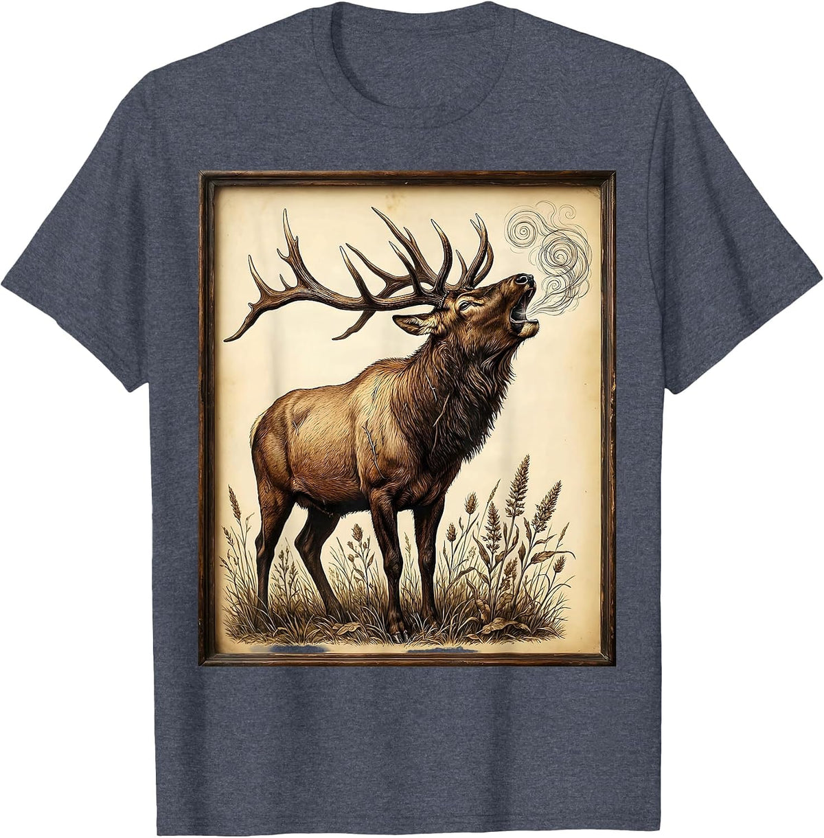 Elk Bugling in the Wild Breath Fog Illustration T-Shirt - Heather Blue