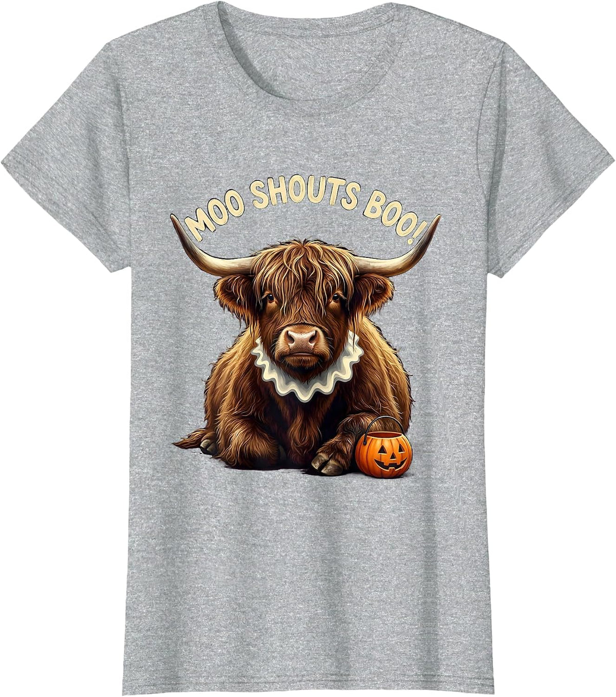 Women's Moo Shouts Boo! Funny Highland Cow Fall Halloween Pun T-Shirt - Heather Grey