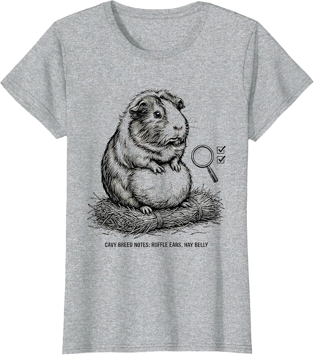 Women's Cavy Breed Notes: Ruffle Ears, Hay Belly Funny T-Shirt - Heather Grey