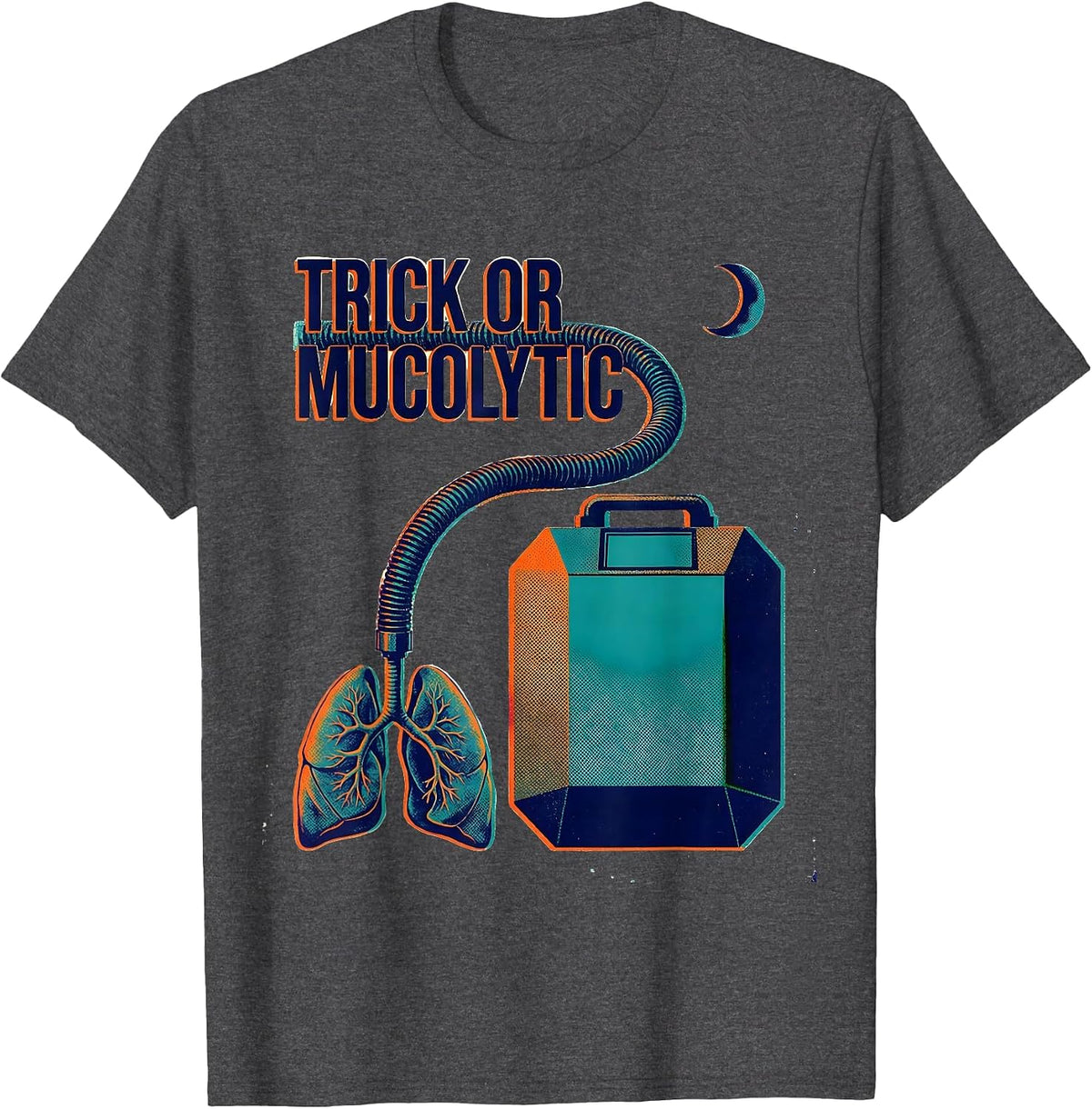 Men's Trick Or Mucolytic Risograph Respiratory Therapist Halloween T-Shirt - Dark Heather Grey