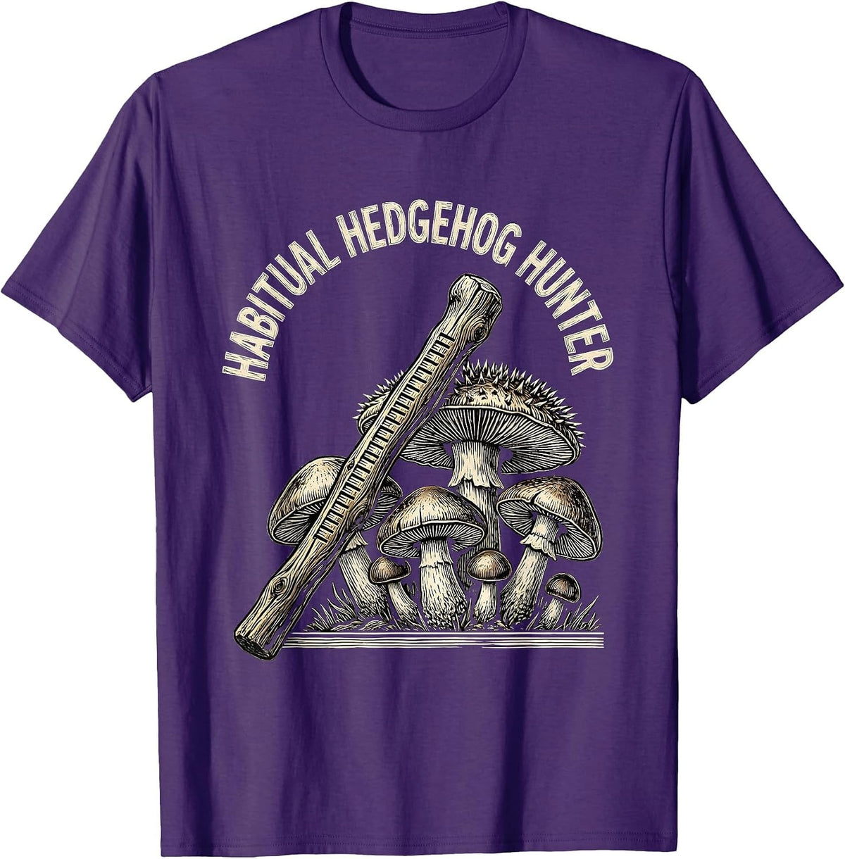 Habitual Hedgehog Hunter Whimsical Mushroom Foraging Humor T-Shirt - Purple