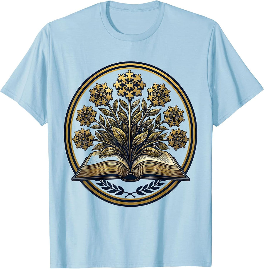 Men's Special Education Teacher Puzzle Piece Flower Book T-Shirt - Baby Blue
