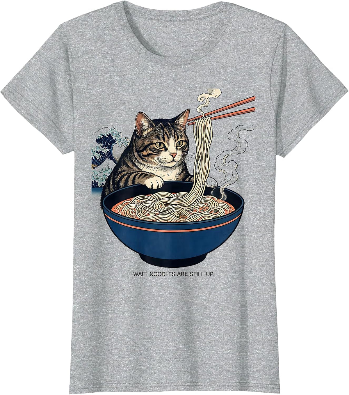 Women's Wait. Noodles Are Still Up Kawaii Cat Anime Ramen Humor T-Shirt - Heather Grey