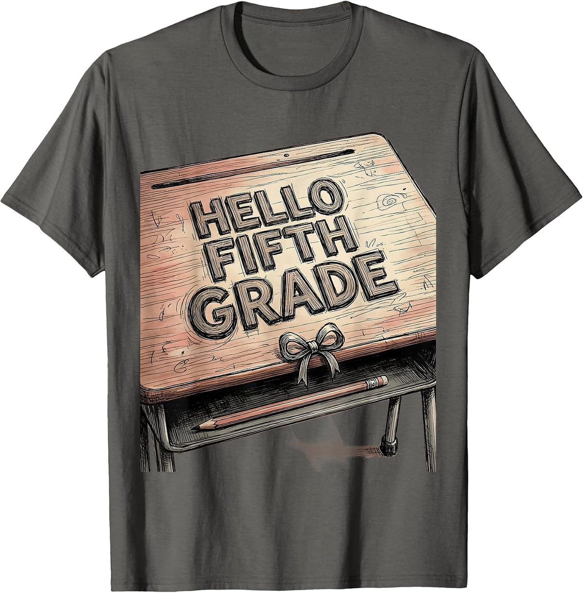 Hello Fifth Grade Cute Coquette Bow Back to School T-Shirt - Asphalt Grey