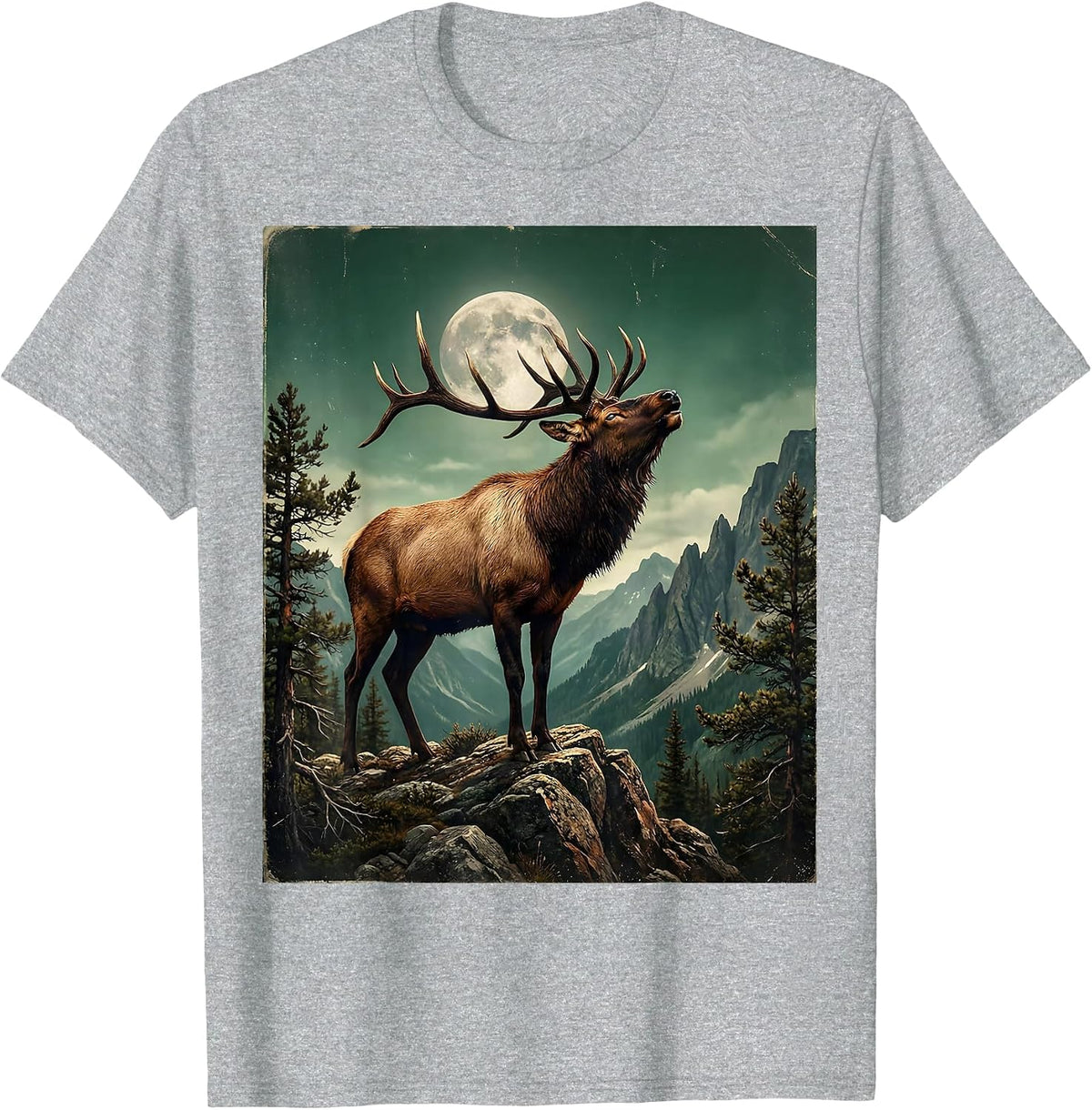 Men's Elk Bugling on Mountain Ridge Wildlife Design T-Shirt - Heather Grey