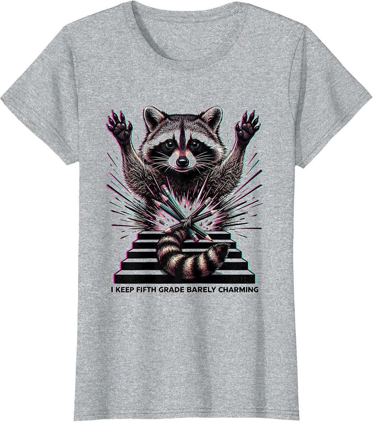 Women's I Keep Fifth Grade Barely Charming Funny Teacher Raccoon T-Shirt - Heather Grey