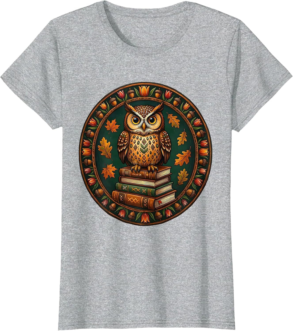 Fall Teacher Owl on Books Illustration T-Shirt - Heather Grey