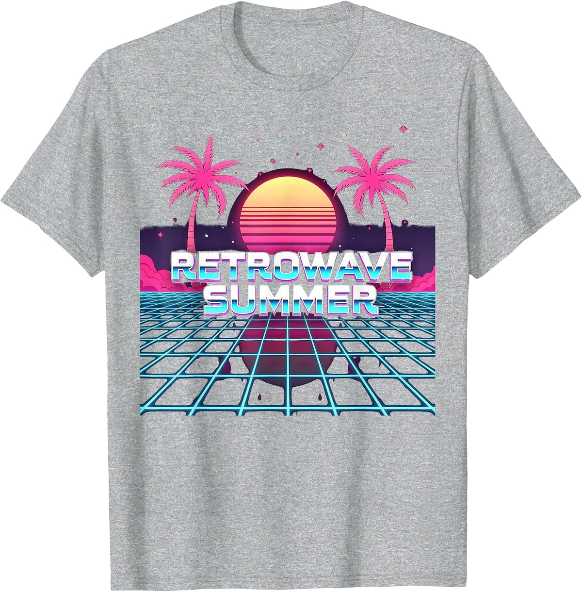 Retrowave Summer: 80s Inspired Tropical Sunset T-Shirt - Heather Grey