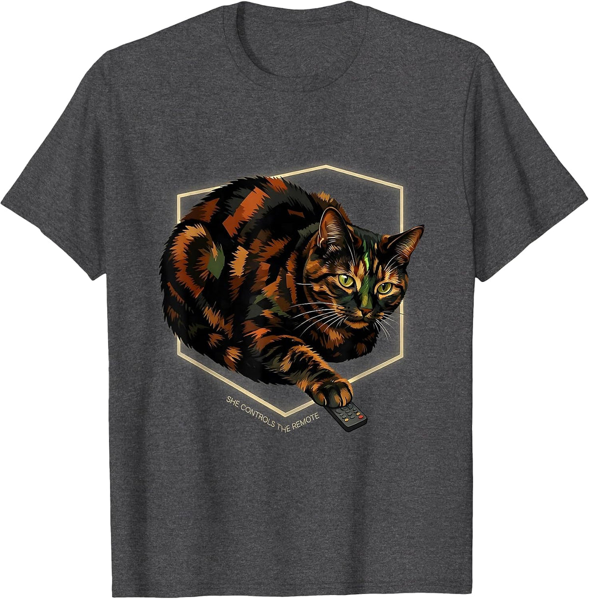 She Controls The Remote Funny Tortie Cat Owner Humor T-Shirt - Dark Heather Grey