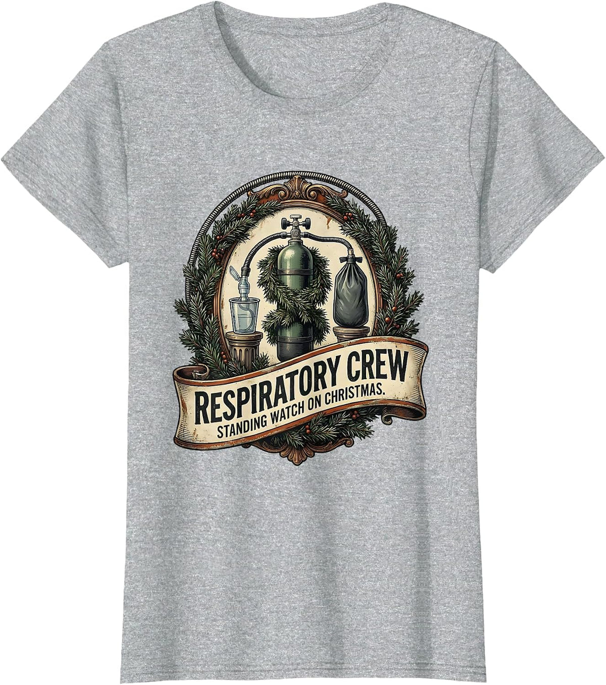 Respiratory Crew, Standing Watch On Christmas Vintage T-Shirt - Heather Grey