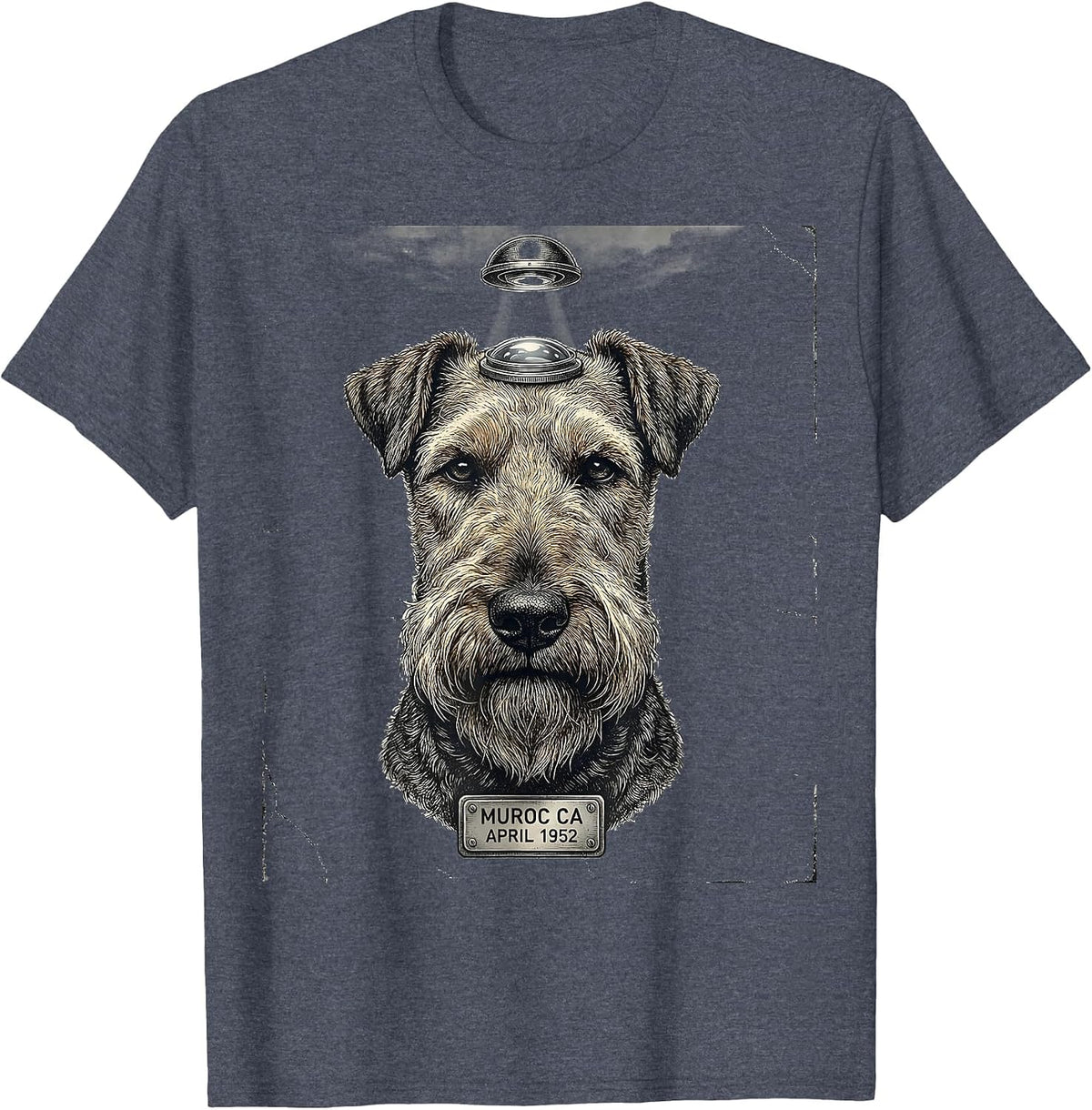 Muroc CA April 1952 Distressed Airedale Terrier UFO Selfie T-Shirt - Heather Blue