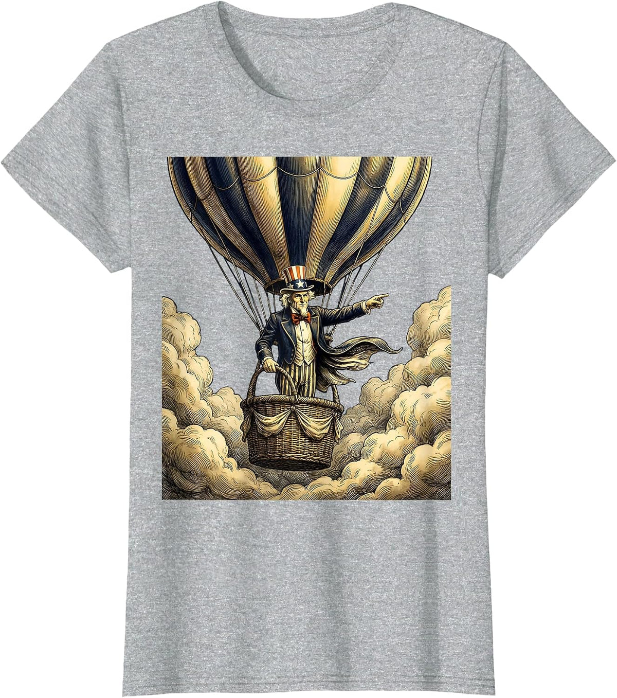 Red White and Blue Hot Air Balloon Cloud Design T-Shirt - Heather Grey