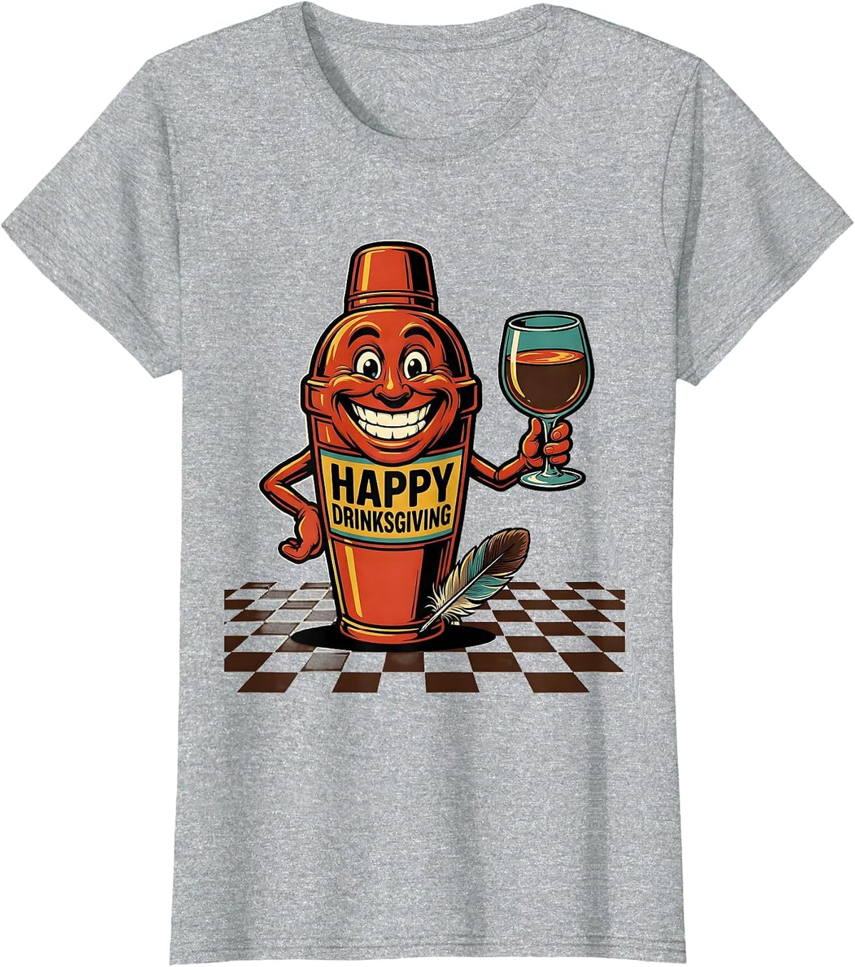 Happy Drinksgiving Retro Advertising Mascot Drinking Humor T-Shirt - Heather Grey