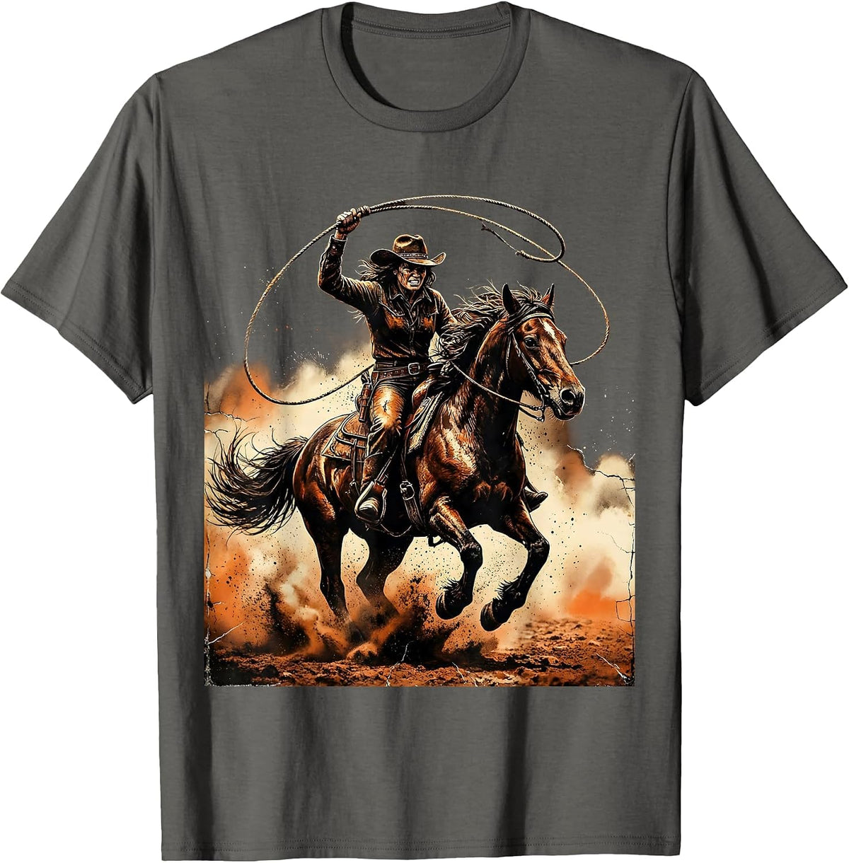 Cowgirl Lassoing Stallion Western Rodeo Graphic T-Shirt - Asphalt Grey