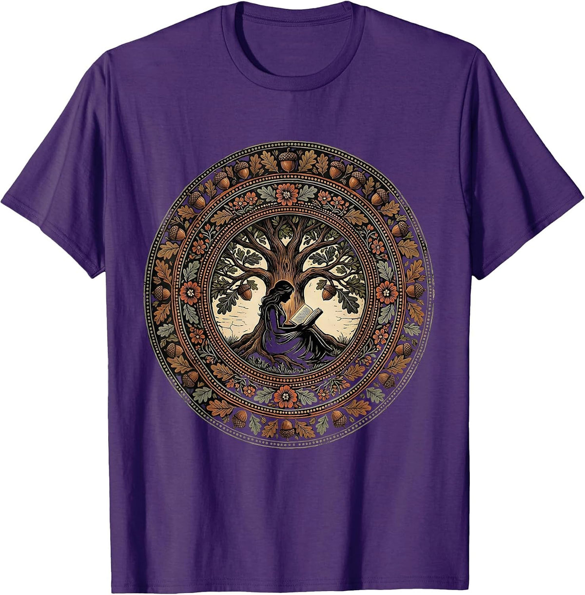 Reading Under the Oak Tree Illustration T-Shirt - Purple