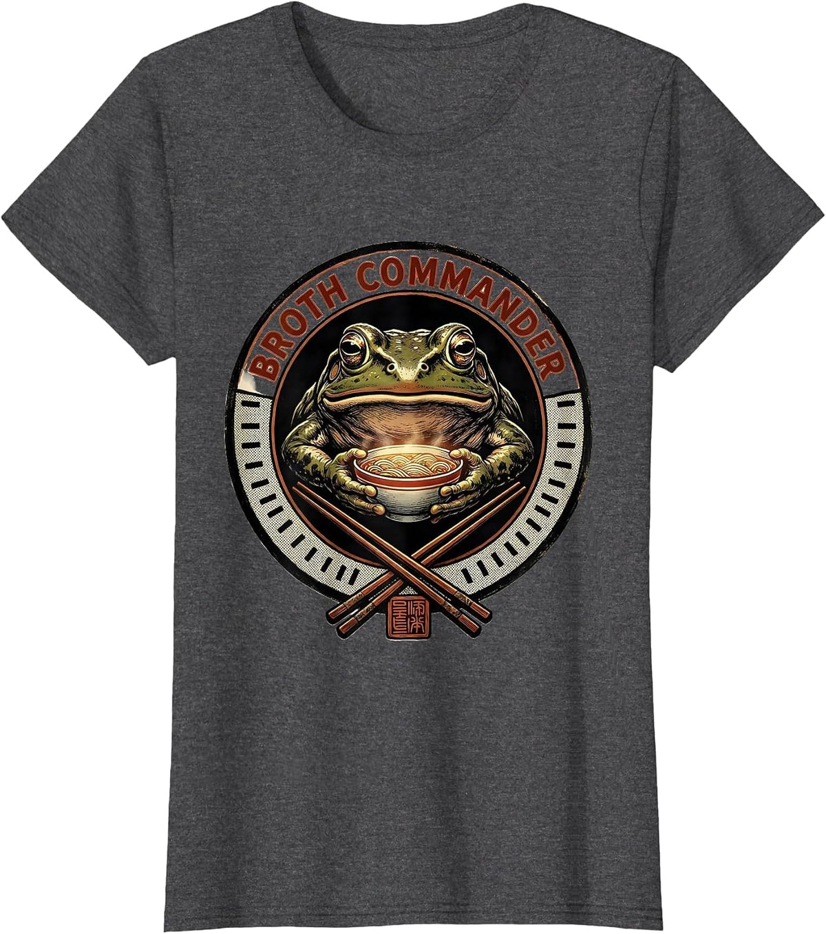 Women's Broth Commander Grumpy Frog Ukiyo-e Ramen Humor Anime Art T-Shirt - Dark Heather Grey