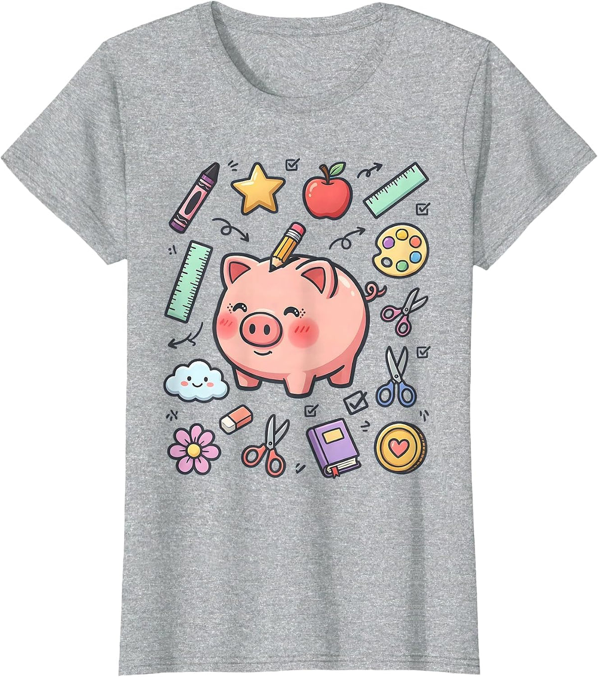 Women's Preschool Teacher Piggy Bank Pencil Graphic T-Shirt - Heather Grey