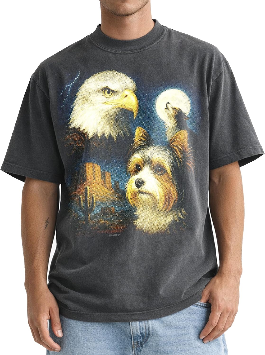 Shaka Wear Dog & Bald Eagle Thunder Tshirt - Faded Max-Heavyweight 7.5oz Oversized & Boxy - Biewer Terrier
