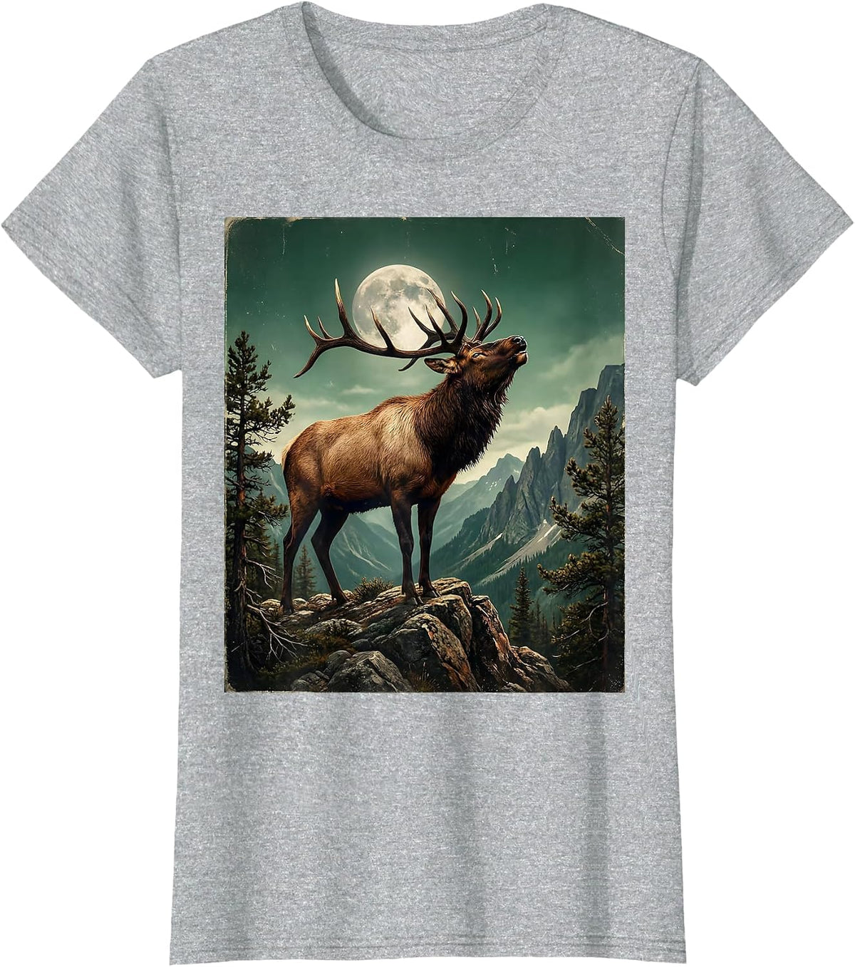 Women's Elk Bugling on Mountain Ridge Wildlife Design T-Shirt - Heather Grey