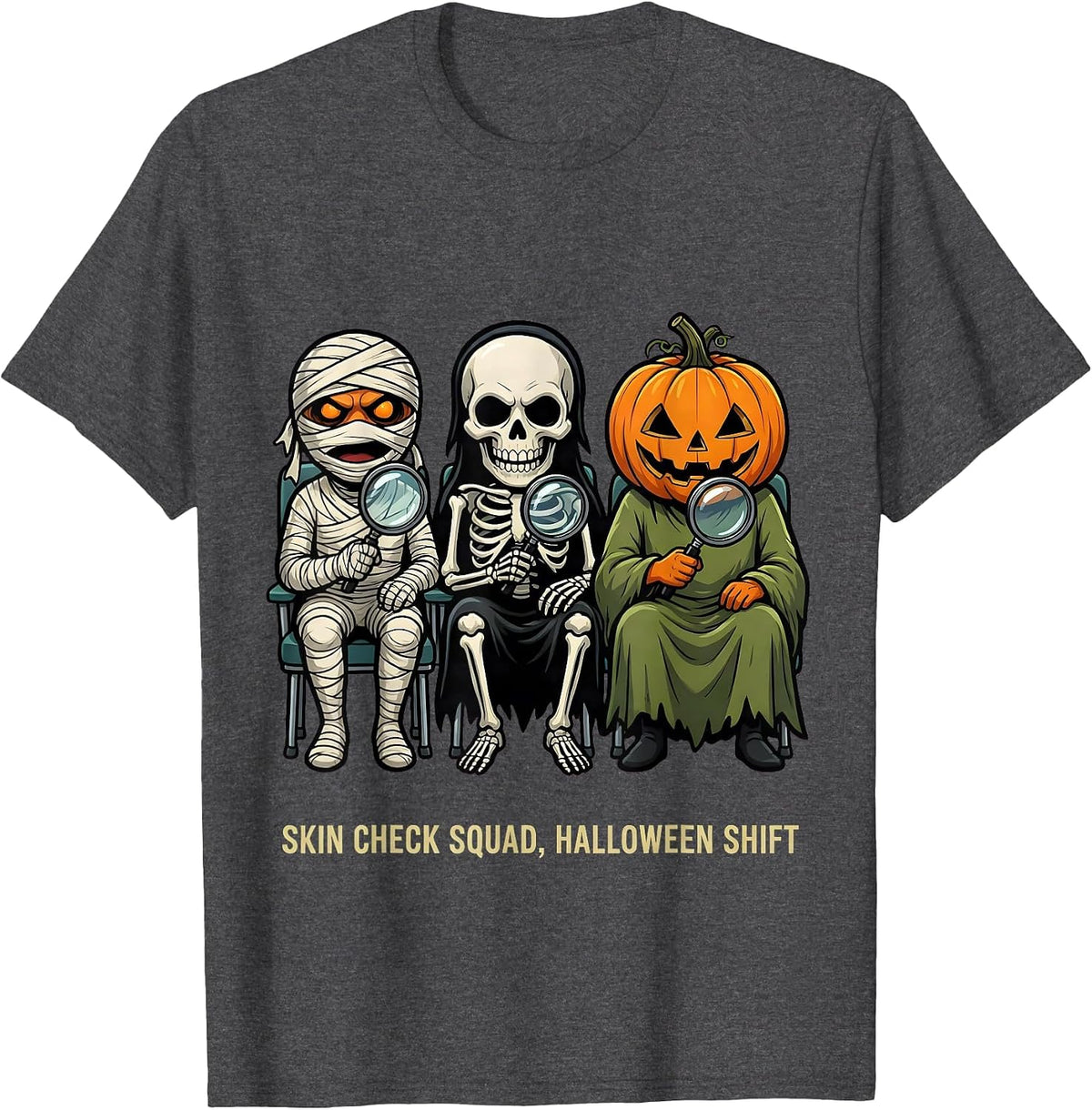 Skin Check Squad Halloween Shift Cartoon Dermatology Humor T-Shirt - Dark Heather Grey