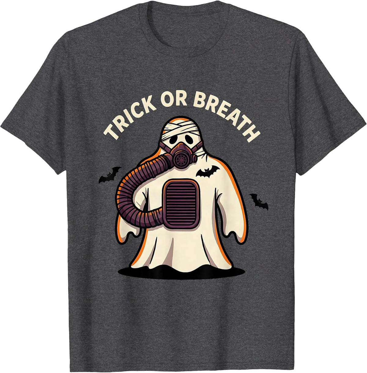 Trick Or Breath Cartoon Ghost Respiratory Therapist T-Shirt - Dark Heather Grey