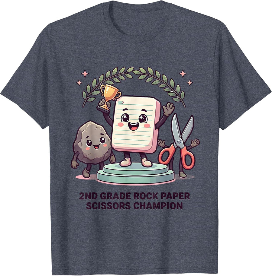 2nd Grade Rock Paper Scissors Champion Cute Kawaii Back T-Shirt, Men, Heather Blue, XX-Large - As Pictured