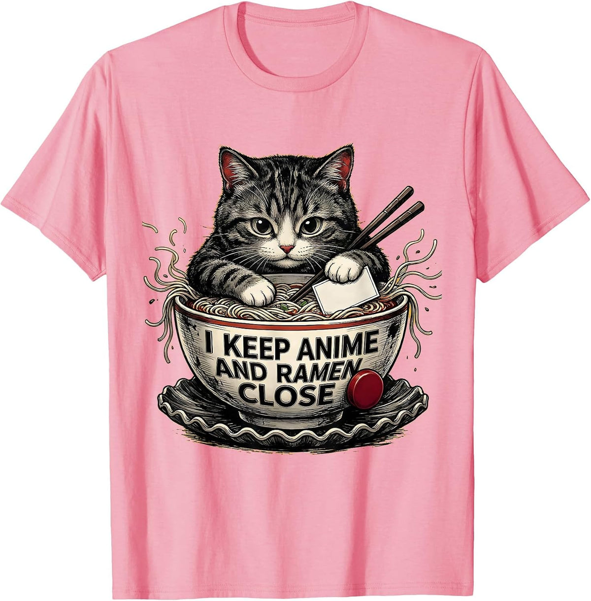Men's I Keep Anime And Ramen Close Kawaii Cat Anime Gift T-Shirt - Pink
