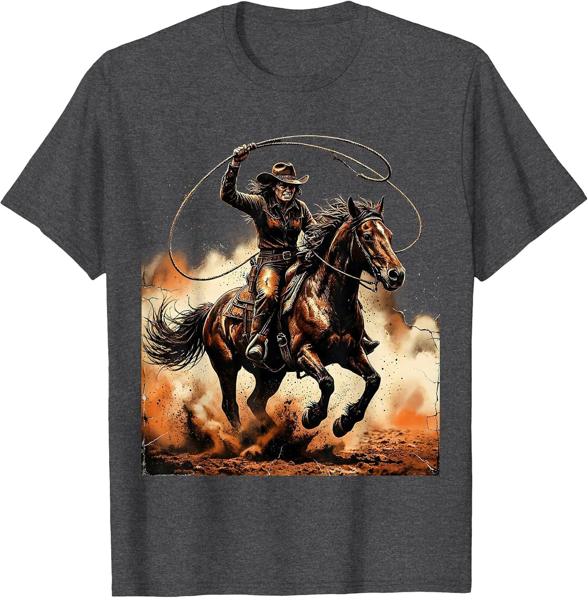 Cowgirl Lassoing Stallion Western Rodeo Graphic T-Shirt - Dark Heather Grey