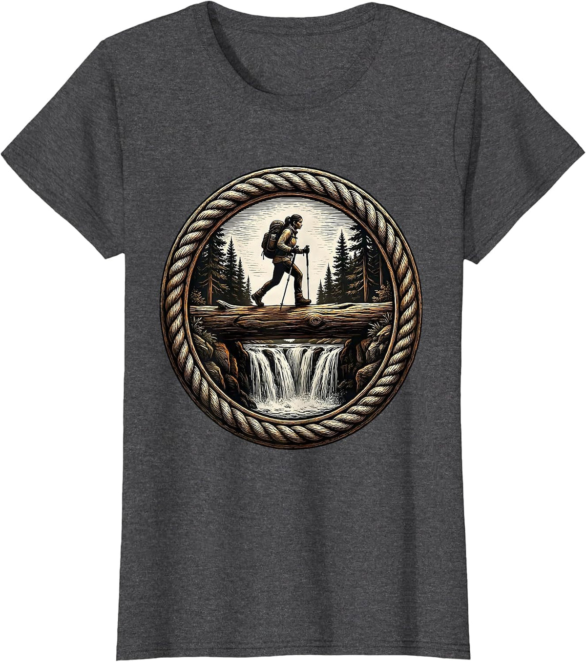 Women's Hiker Crossing Log Bridge Over Waterfall T-Shirt - Dark Heather Grey