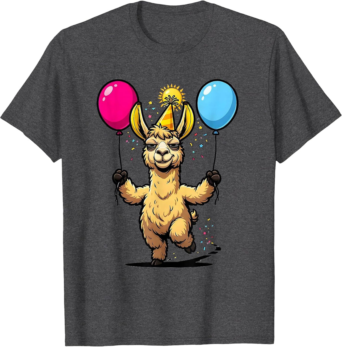 Men's Llama Party Hat Cartoon Funny Animal Lover Gift T-Shirt - Dark Heather Grey